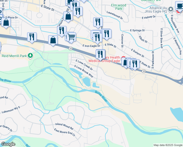 map of restaurants, bars, coffee shops, grocery stores, and more near 1439 East Lone Creek Drive in Eagle