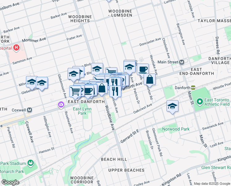 map of restaurants, bars, coffee shops, grocery stores, and more near in Toronto