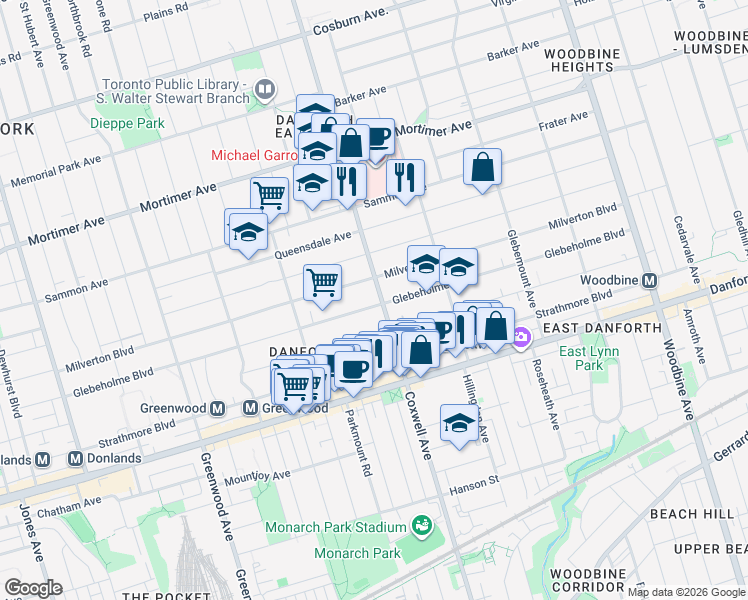 map of restaurants, bars, coffee shops, grocery stores, and more near in Toronto