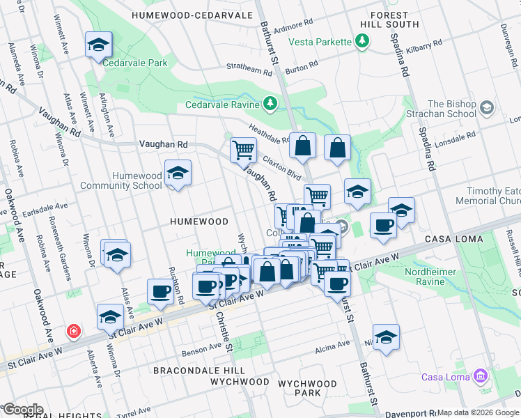 map of restaurants, bars, coffee shops, grocery stores, and more near in Toronto