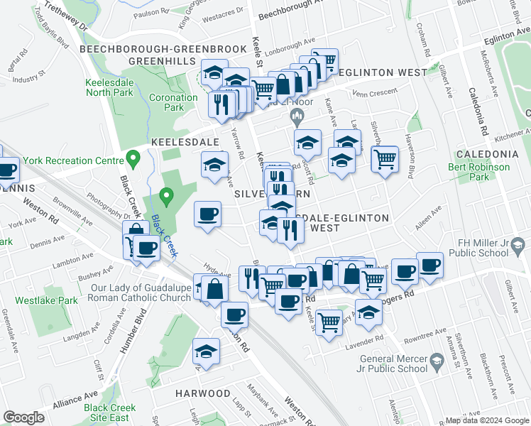 map of restaurants, bars, coffee shops, grocery stores, and more near in Toronto