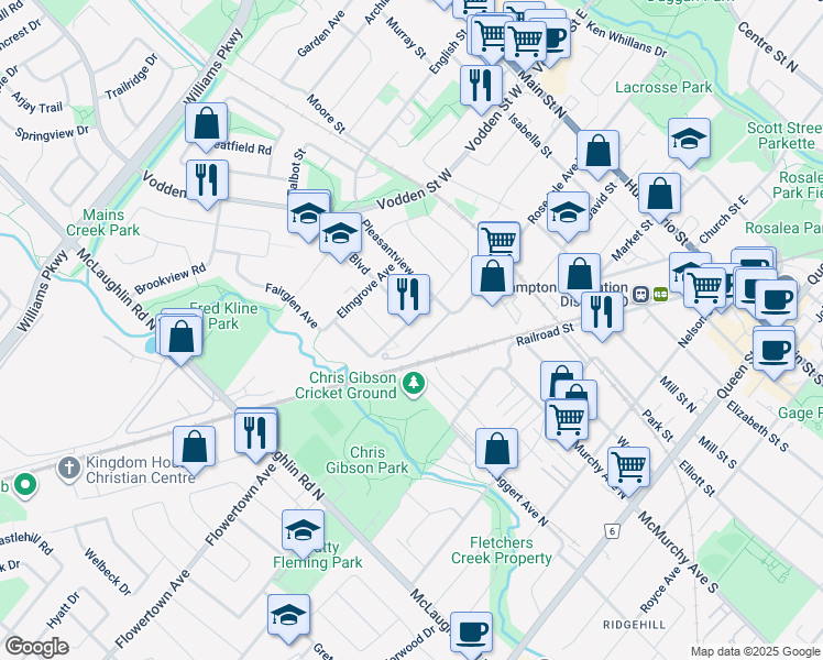 map of restaurants, bars, coffee shops, grocery stores, and more near 2 Glendale Avenue in Brampton