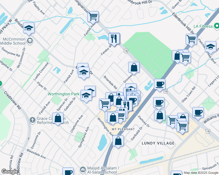 map of restaurants, bars, coffee shops, grocery stores, and more near 81 Brisdale Drive in Brampton