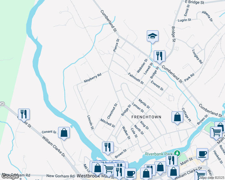 map of restaurants, bars, coffee shops, grocery stores, and more near 80 Pierce Street in Westbrook