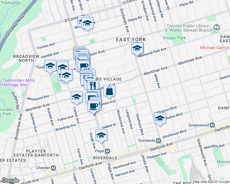 map of restaurants, bars, coffee shops, grocery stores, and more near 151 Woodycrest Avenue in Toronto