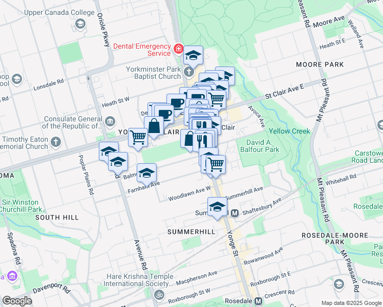 map of restaurants, bars, coffee shops, grocery stores, and more near 26 Balmoral Avenue in Toronto