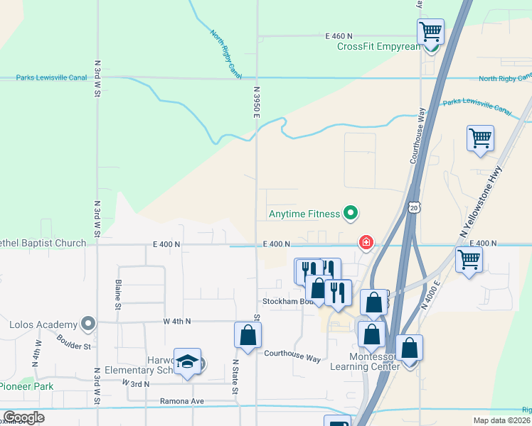map of restaurants, bars, coffee shops, grocery stores, and more near 137 Dakota Avenue in Rigby
