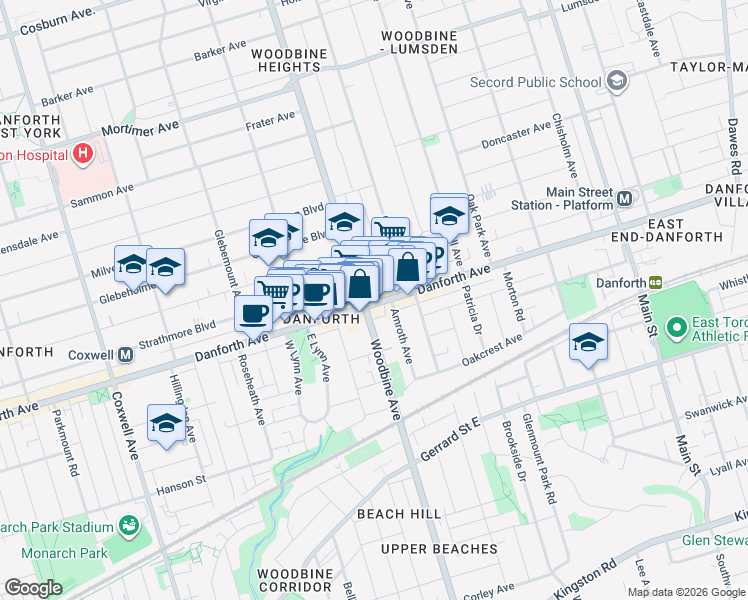 map of restaurants, bars, coffee shops, grocery stores, and more near 2090 Danforth Avenue in Toronto