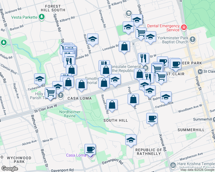 map of restaurants, bars, coffee shops, grocery stores, and more near 90 Warren Road in Toronto