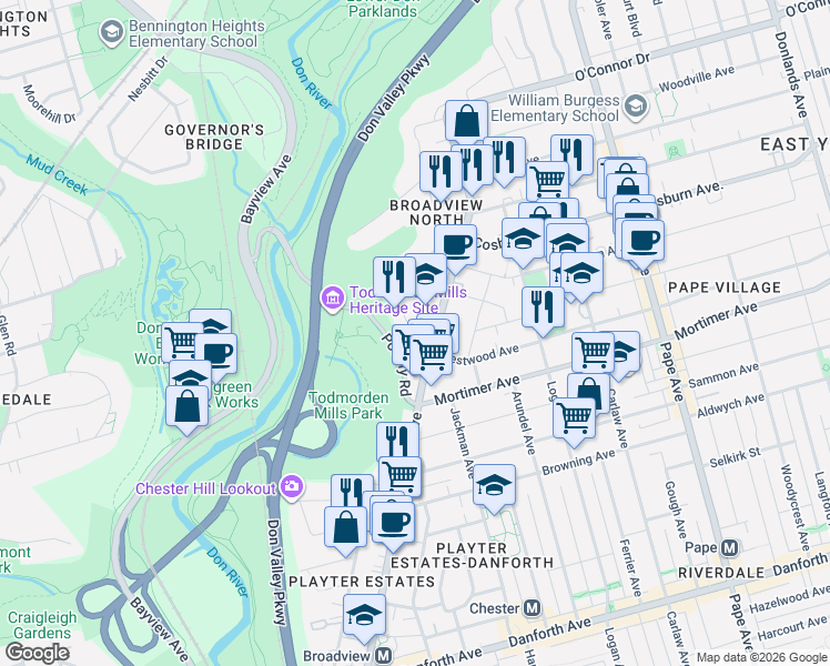 map of restaurants, bars, coffee shops, grocery stores, and more near 14 Hillside Drive in Toronto