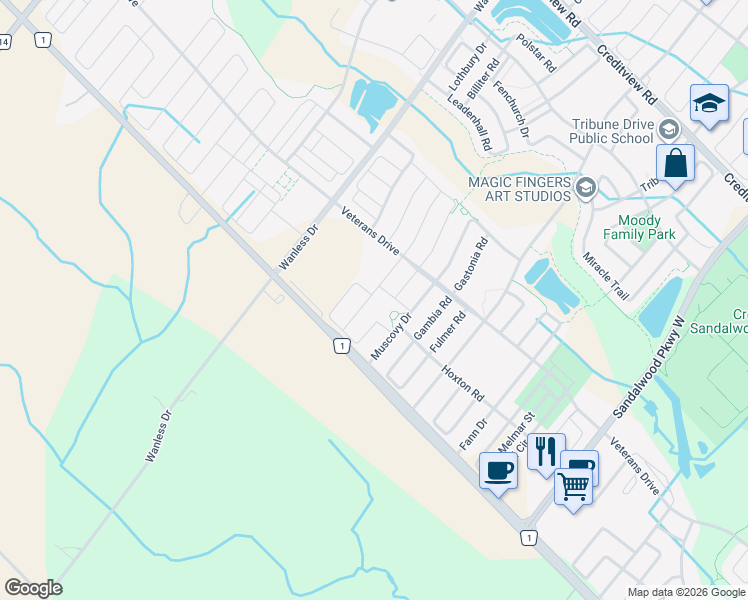 map of restaurants, bars, coffee shops, grocery stores, and more near 27 Hogan Manor Drive in Brampton