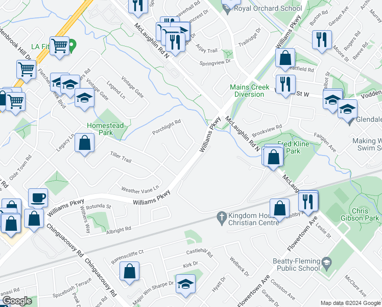 map of restaurants, bars, coffee shops, grocery stores, and more near 114 Porchlight Road in Brampton