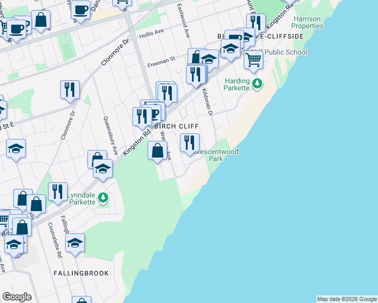 map of restaurants, bars, coffee shops, grocery stores, and more near in Toronto