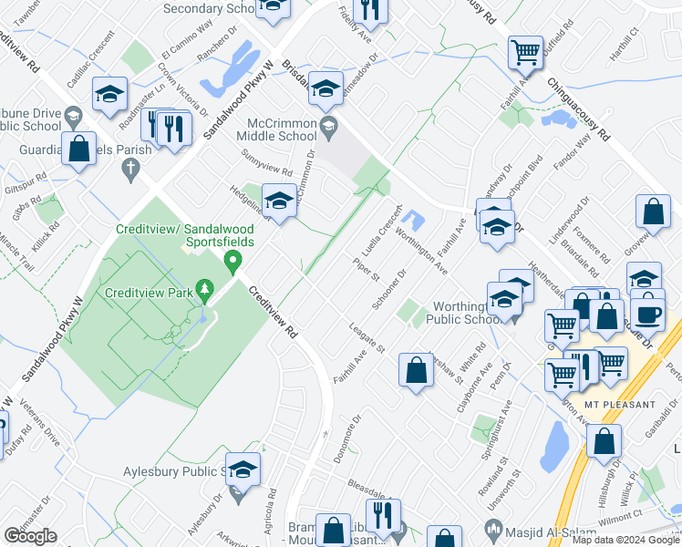 map of restaurants, bars, coffee shops, grocery stores, and more near 23 Luella Crescent in Brampton