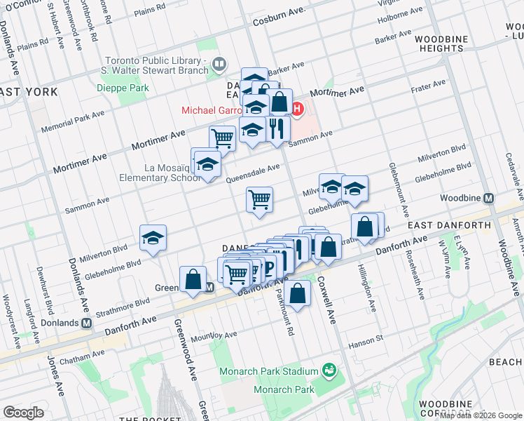 map of restaurants, bars, coffee shops, grocery stores, and more near 365 Milverton Boulevard in Toronto