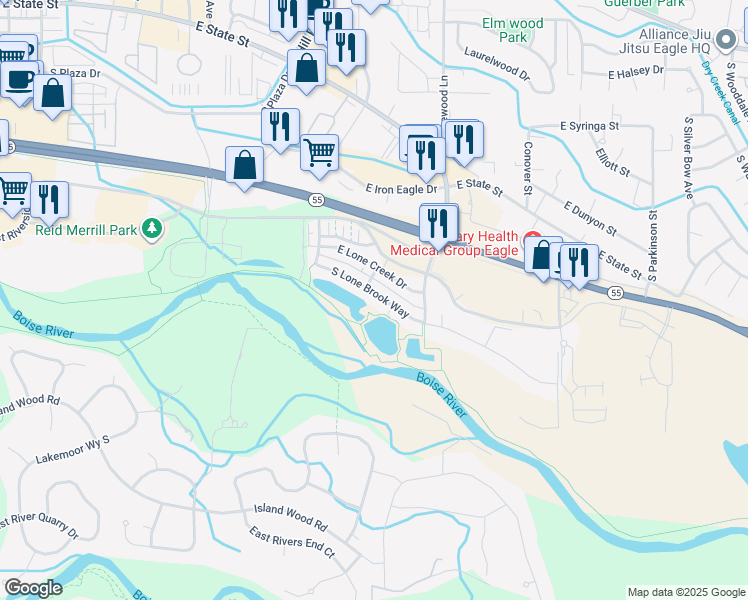 map of restaurants, bars, coffee shops, grocery stores, and more near 1369 East Lone Shore Drive in Eagle