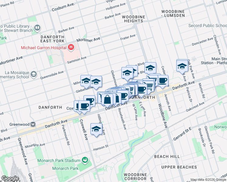 map of restaurants, bars, coffee shops, grocery stores, and more near 289 Wolverleigh Boulevard in Toronto