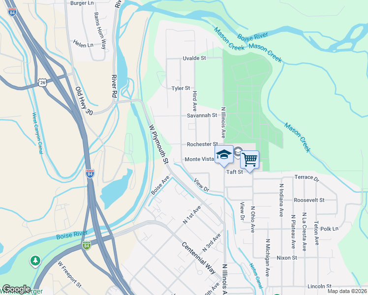 map of restaurants, bars, coffee shops, grocery stores, and more near 1823 Rice Avenue in Caldwell