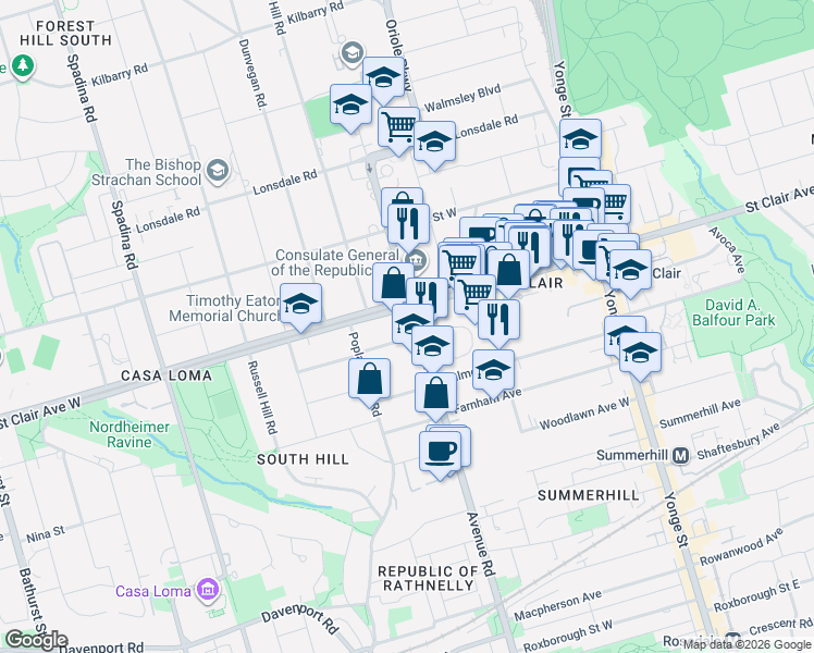 map of restaurants, bars, coffee shops, grocery stores, and more near in Toronto