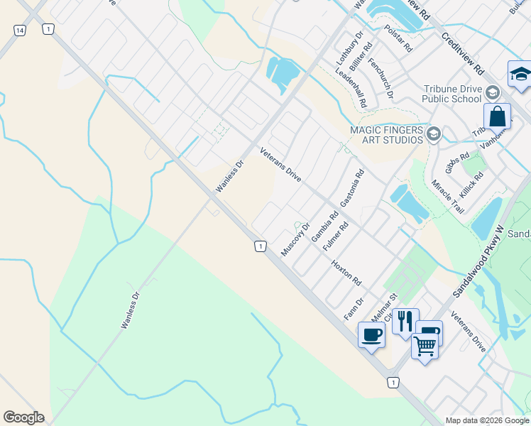 map of restaurants, bars, coffee shops, grocery stores, and more near 44 Hogan Manor Drive in Brampton
