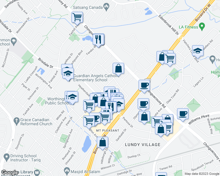 map of restaurants, bars, coffee shops, grocery stores, and more near 22 Ashmere Road in Brampton