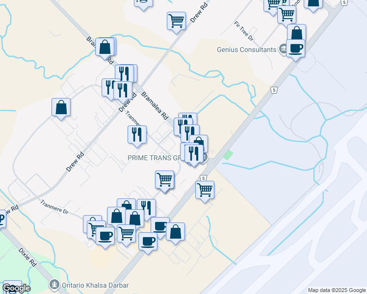 map of restaurants, bars, coffee shops, grocery stores, and more near 7070 Bramalea Road in Mississauga
