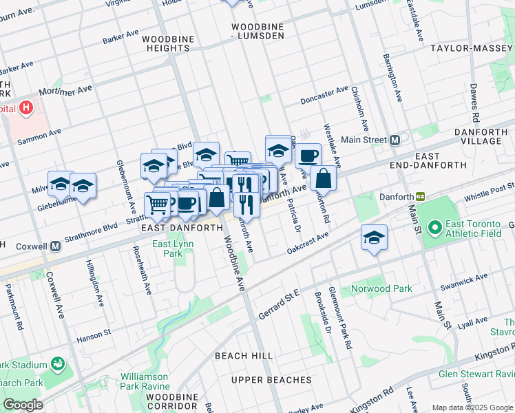 map of restaurants, bars, coffee shops, grocery stores, and more near 79 Cedarvale Avenue in Toronto
