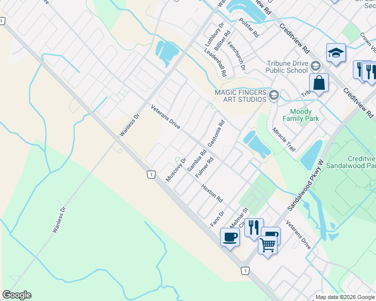 map of restaurants, bars, coffee shops, grocery stores, and more near 38 Muscovy Drive in Brampton