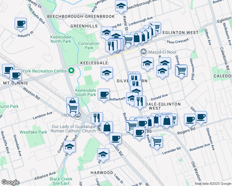 map of restaurants, bars, coffee shops, grocery stores, and more near 90A Bicknell Avenue in Toronto