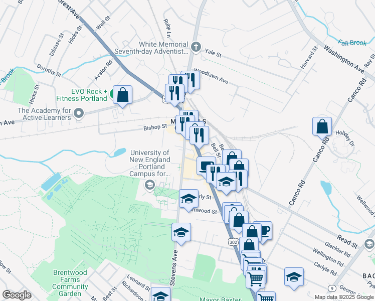 map of restaurants, bars, coffee shops, grocery stores, and more near 805 Stevens Avenue in Portland