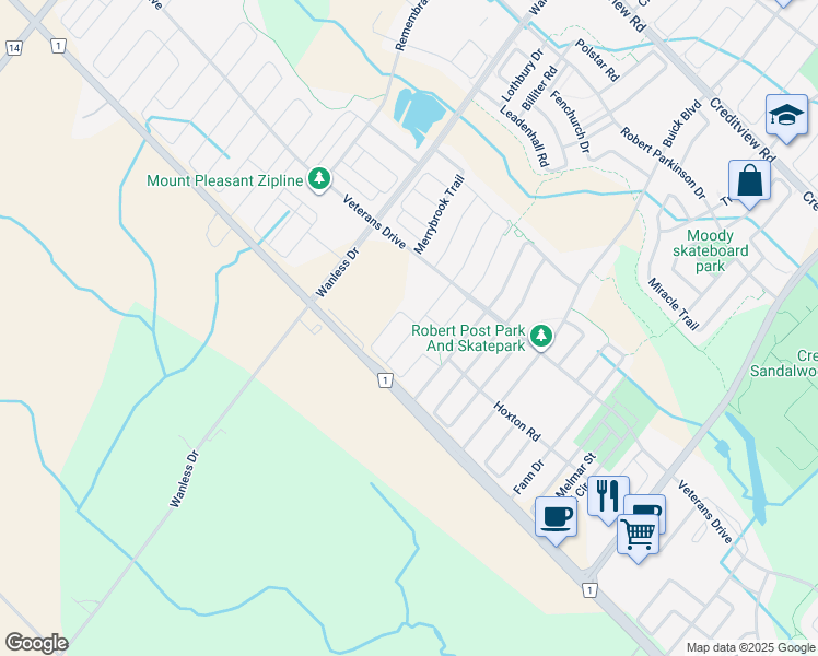 map of restaurants, bars, coffee shops, grocery stores, and more near 44 Hogan Manor Drive in Brampton