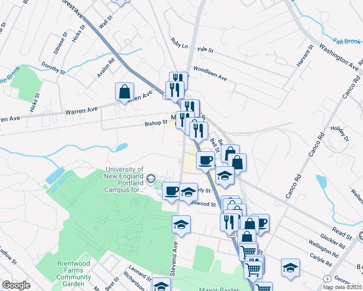 map of restaurants, bars, coffee shops, grocery stores, and more near 805 Stevens Avenue in Portland