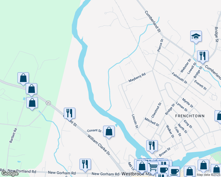 map of restaurants, bars, coffee shops, grocery stores, and more near 216 Lincoln Street in Westbrook