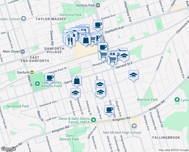 map of restaurants, bars, coffee shops, grocery stores, and more near 2387 Gerrard Street East in Toronto