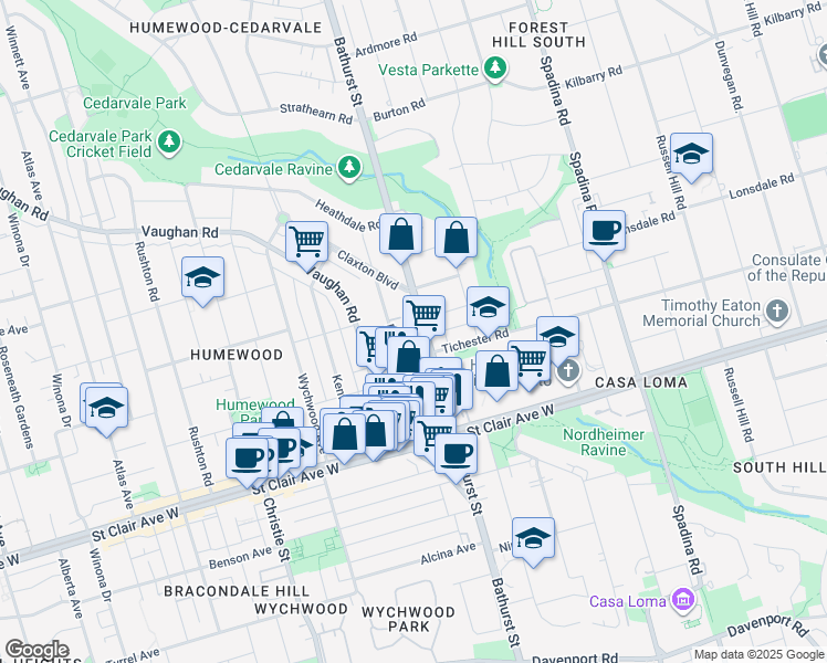 map of restaurants, bars, coffee shops, grocery stores, and more near 165 Vaughan Road in Toronto