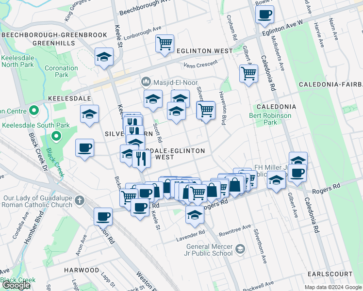map of restaurants, bars, coffee shops, grocery stores, and more near in Toronto