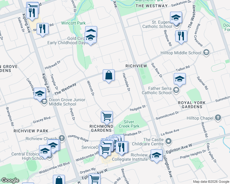 map of restaurants, bars, coffee shops, grocery stores, and more near 55 Ashmount Crescent in Toronto