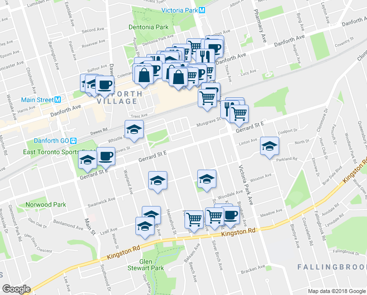 map of restaurants, bars, coffee shops, grocery stores, and more near 2387 Gerrard Street East in Toronto