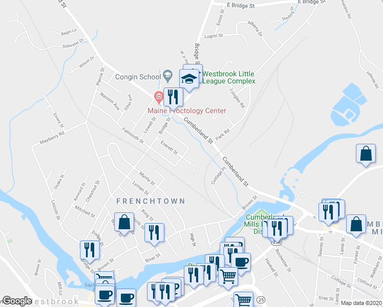 map of restaurants, bars, coffee shops, grocery stores, and more near 15 Woodmont Street in Westbrook