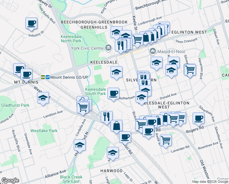 map of restaurants, bars, coffee shops, grocery stores, and more near 53 Juliet Crescent in Toronto