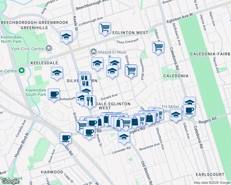 map of restaurants, bars, coffee shops, grocery stores, and more near 162 Donald Avenue in Toronto