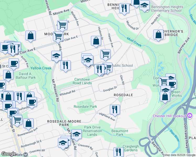 map of restaurants, bars, coffee shops, grocery stores, and more near 400 Summerhill Avenue in Toronto