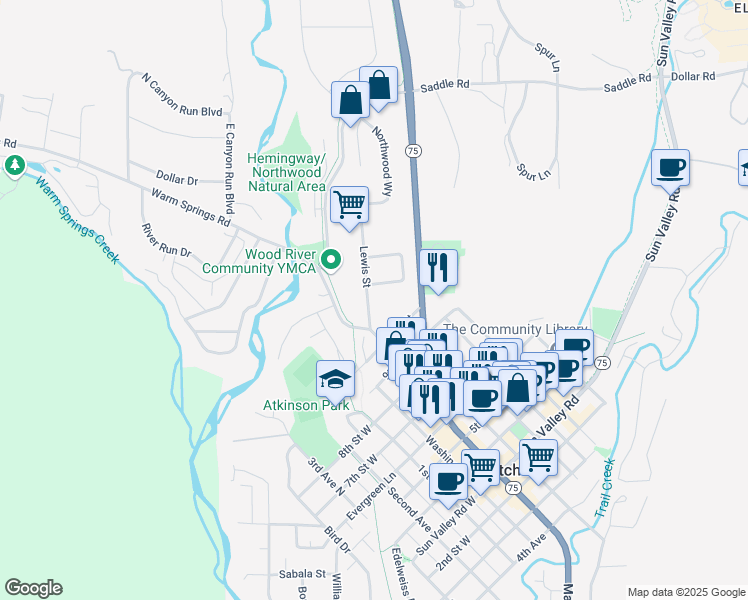 map of restaurants, bars, coffee shops, grocery stores, and more near 100 Lewis Street in Sun Valley
