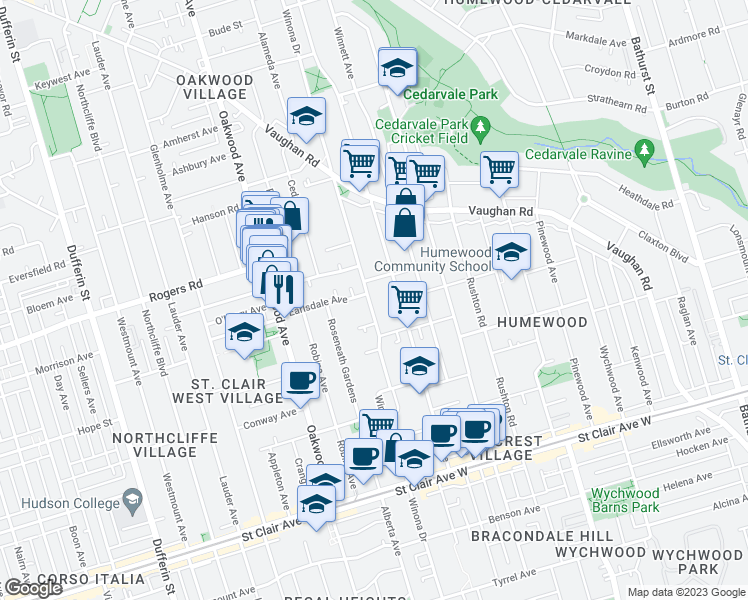 map of restaurants, bars, coffee shops, grocery stores, and more near 345 Winona Drive in Toronto