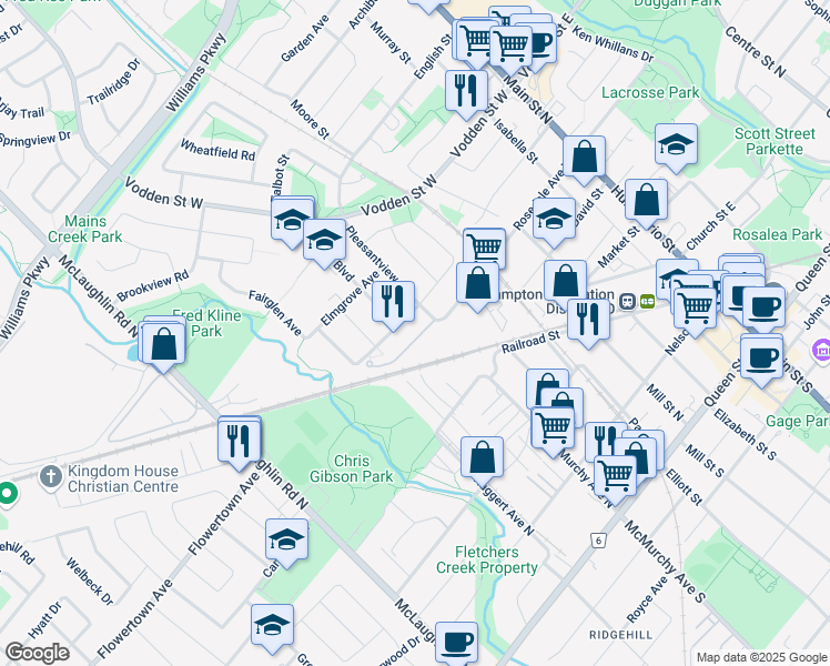 map of restaurants, bars, coffee shops, grocery stores, and more near 3 Pleasantview Avenue in Brampton