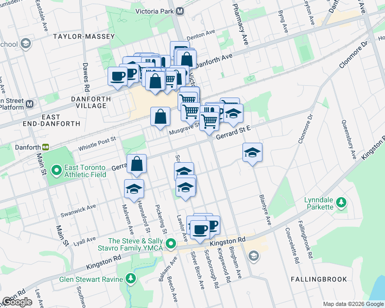 map of restaurants, bars, coffee shops, grocery stores, and more near 475 Kingswood Road in Toronto