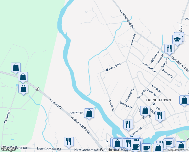 map of restaurants, bars, coffee shops, grocery stores, and more near 216 Lincoln Street in Westbrook