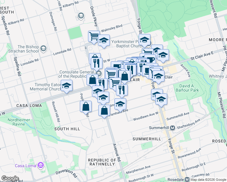 map of restaurants, bars, coffee shops, grocery stores, and more near in Toronto