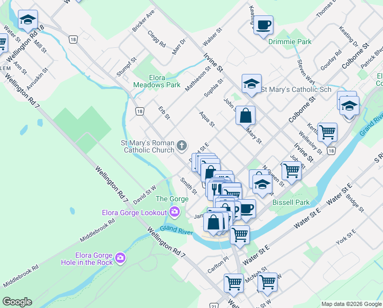 map of restaurants, bars, coffee shops, grocery stores, and more near 28 David Street East in Elora