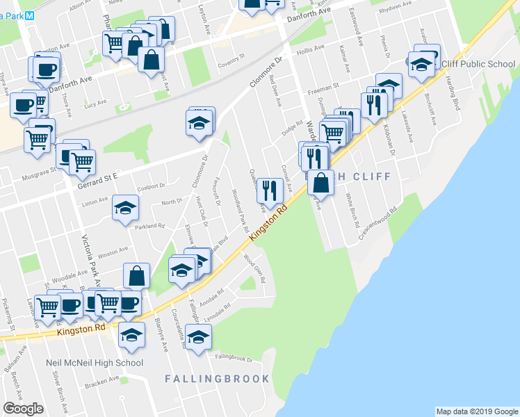 map of restaurants, bars, coffee shops, grocery stores, and more near 8 Queensbury Avenue in Toronto